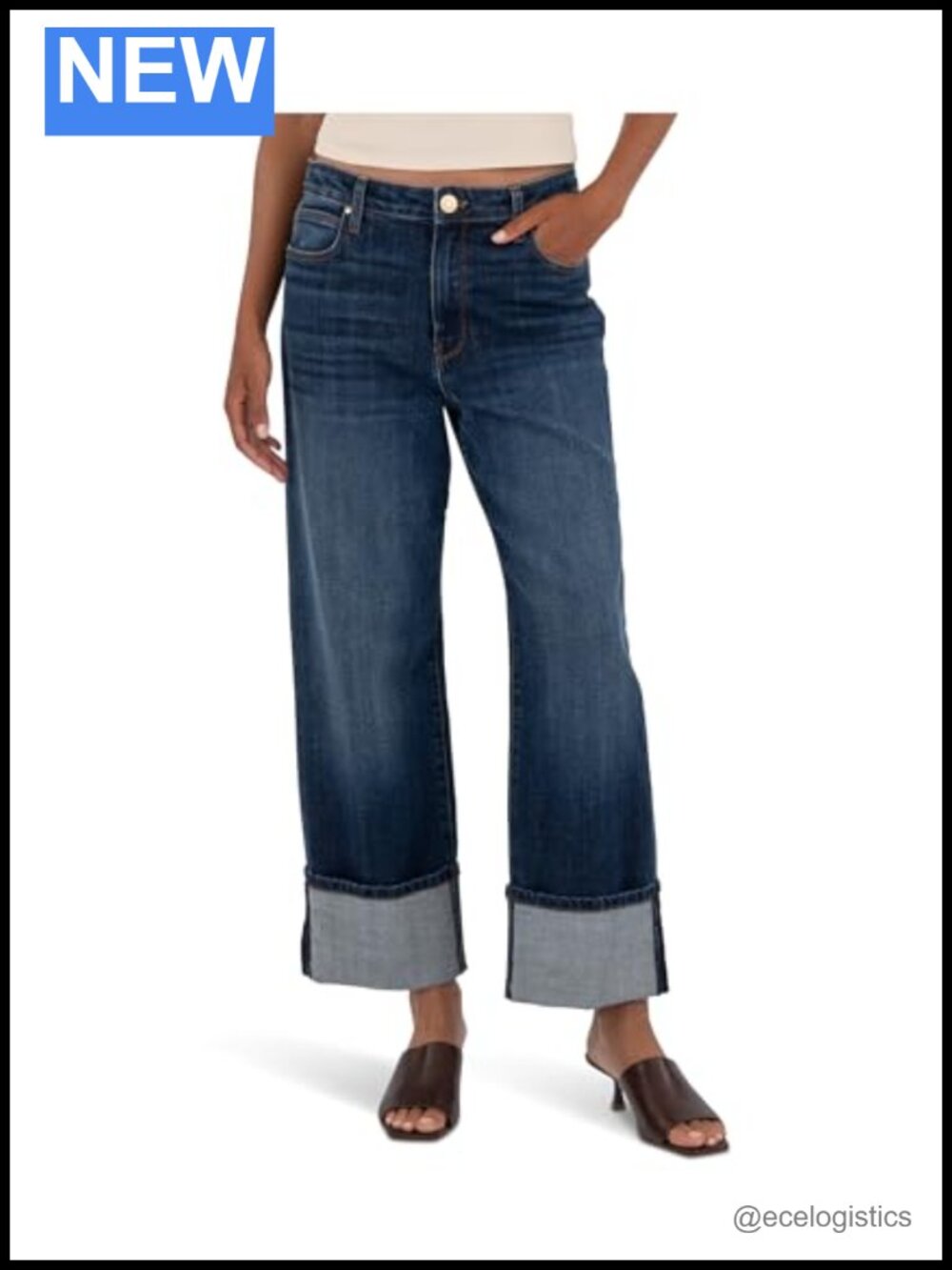 High Rise Straight Leg Jeans Roll Up Hem 32 Inseam Cotton Blend Stretch